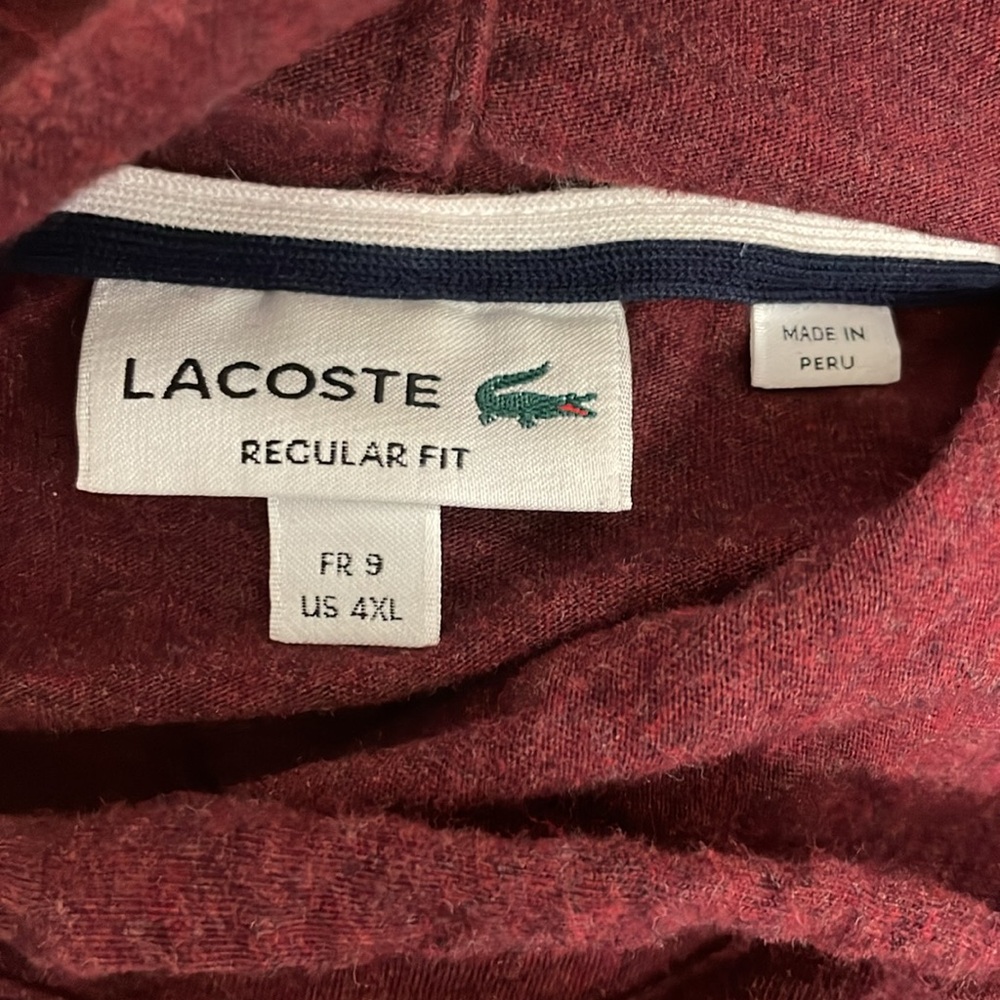 Lacoste Cotton Hoodie Lightweight Maroon Big Mens Size 4XL/9/XXXXL Preppy - Picture 5 of 5